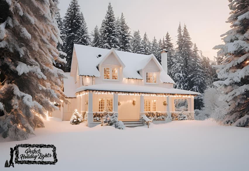 House, trees, and bushes covered in bright Christmas lighting
