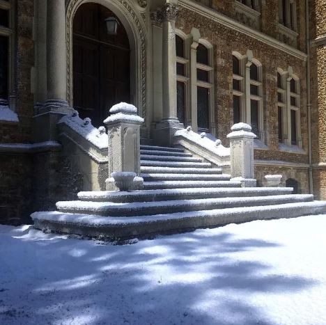 Snowy outdoor steps and building